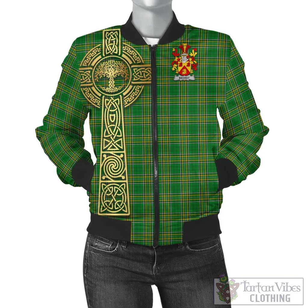 Becket Irish Clan Tartan Bomber Jacket with Coat of Arms Celtic Tree of Life Style