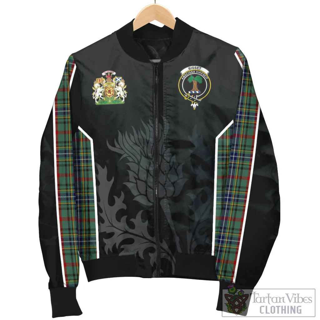 Bisset Tartan Bomber Jacket with Family Crest and Scottish Thistle Vibes Sport Style