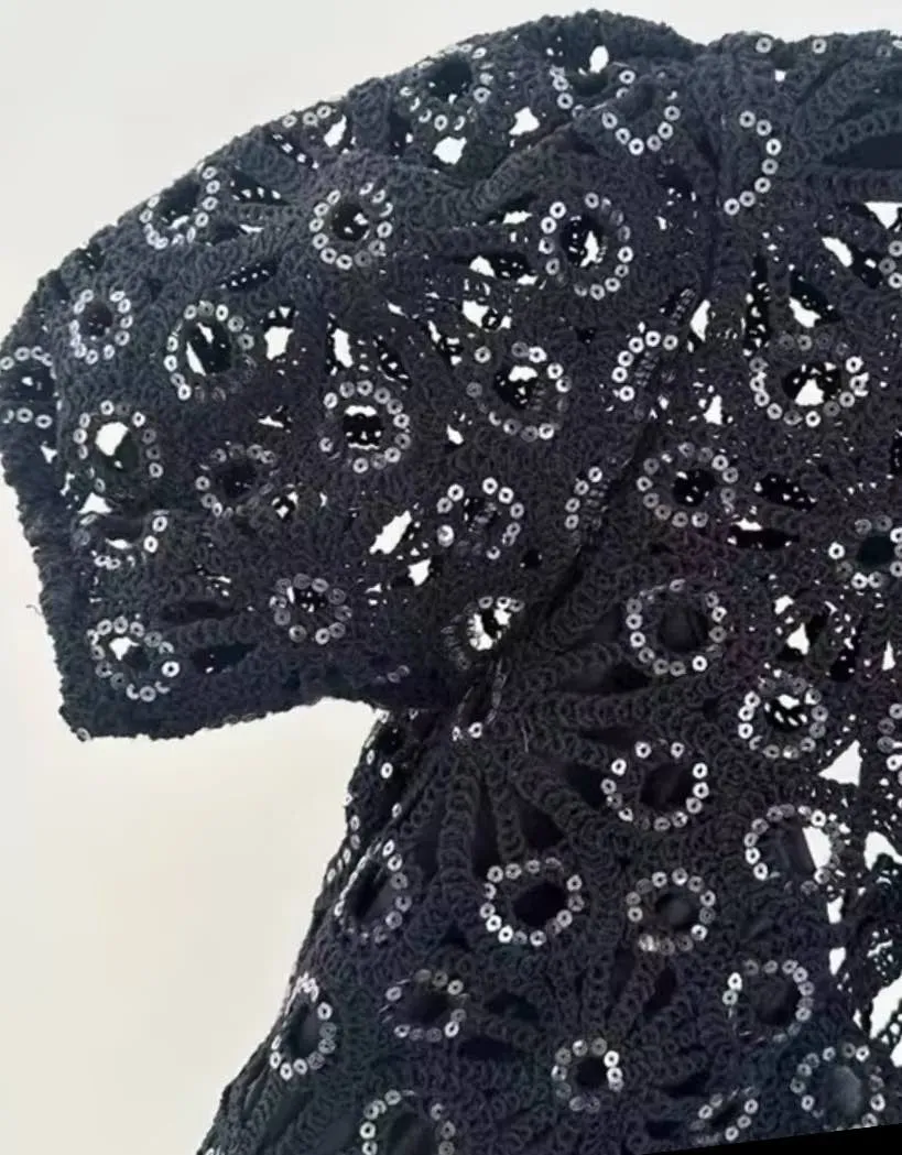 Black Sequin Embroidery Mini Dress