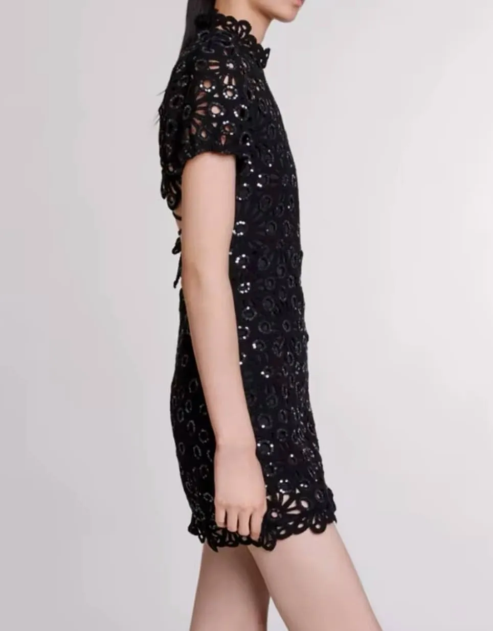 Black Sequin Embroidery Mini Dress