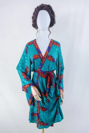 Gemini Kimono - Ocean Teal & Red Paisley - Vintage Indian Sari - Size XL