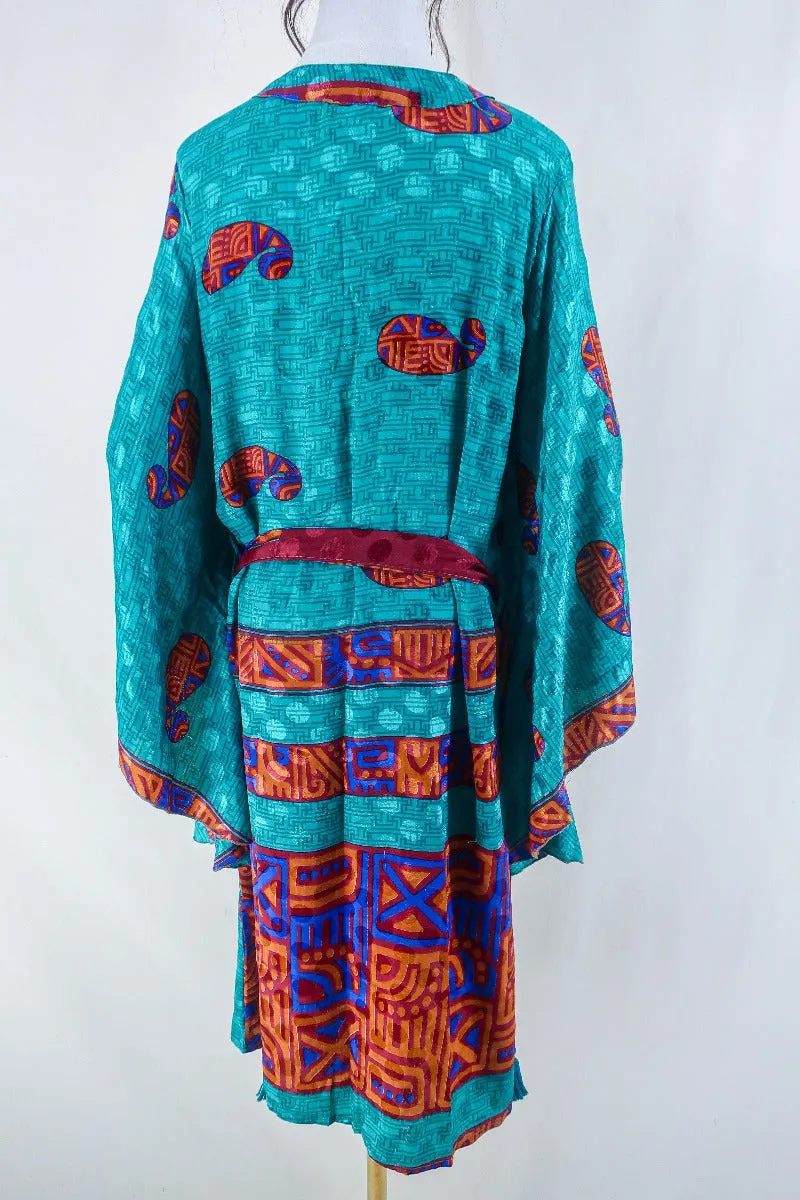 Gemini Kimono - Ocean Teal & Red Paisley - Vintage Indian Sari - Size XL