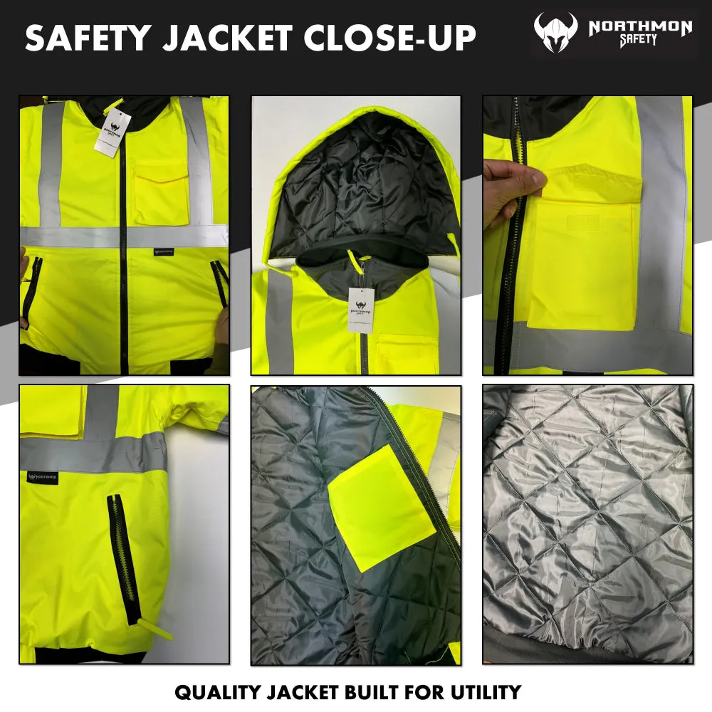 Hi Vis Waterproof Winter Bomber Jacket - ANSI Class 3 - Safety Hi-Vis Lime