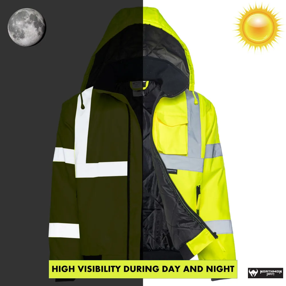 Hi Vis Waterproof Winter Bomber Jacket - ANSI Class 3 - Safety Hi-Vis Lime