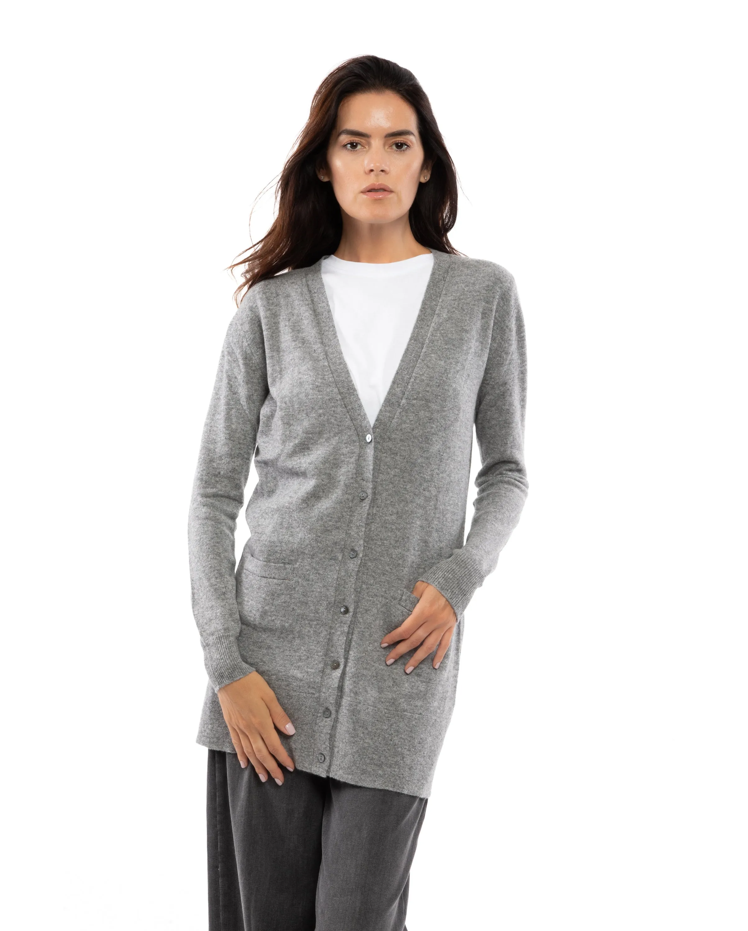 NEW FALL 24 - Women's Long Pure Cashmere Cardigan Sweater Melange Blue