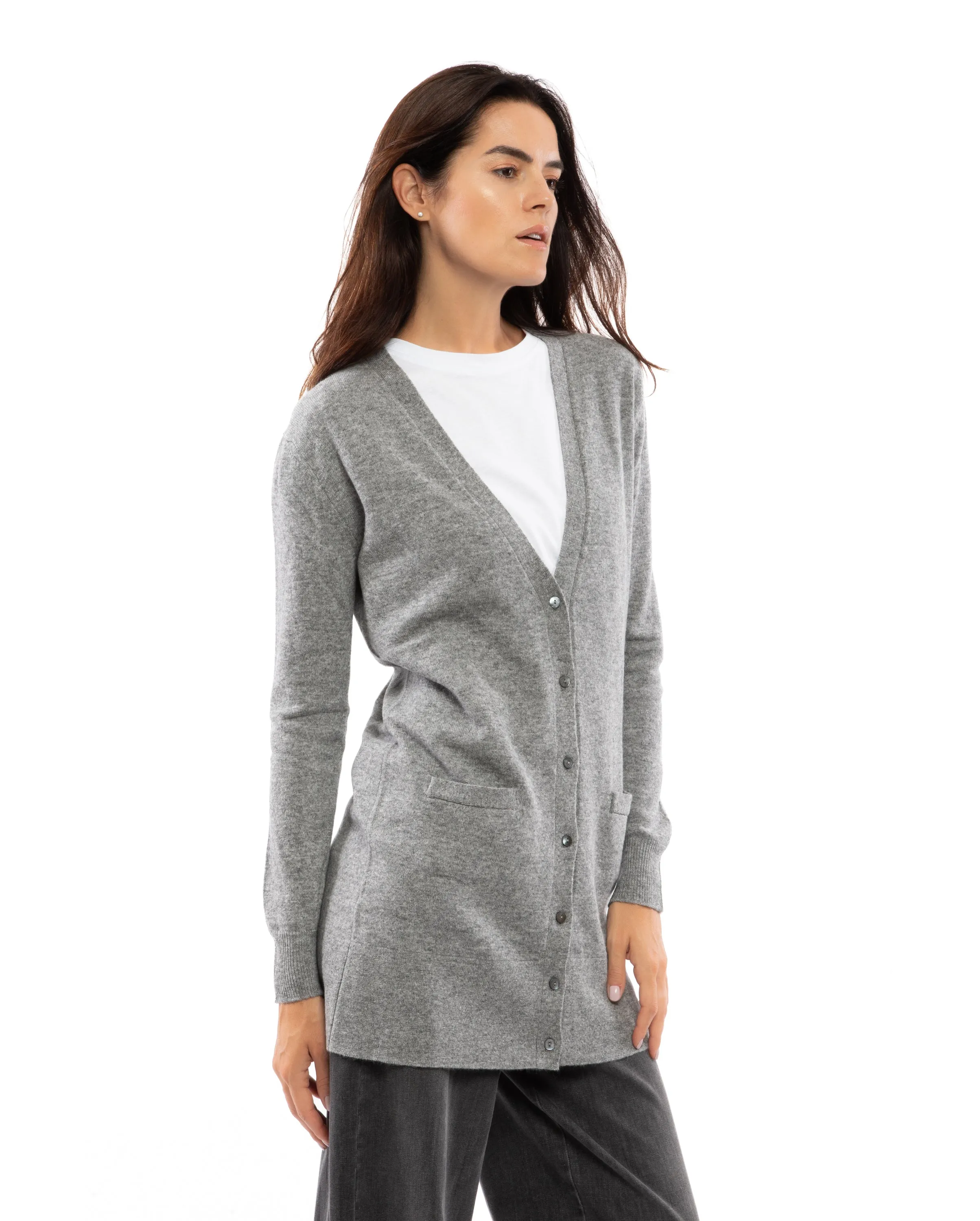 NEW FALL 24 - Women's Long Pure Cashmere Cardigan Sweater Melange Blue