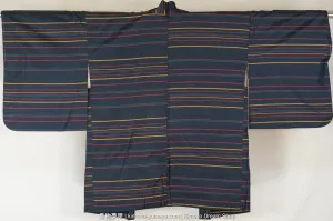 Retro 1960s Haori with Red, Yellow, & Teal Stripes on Dark Blue - Tsumugi Weaving - Vintage Silk Women's Kimono Jacket