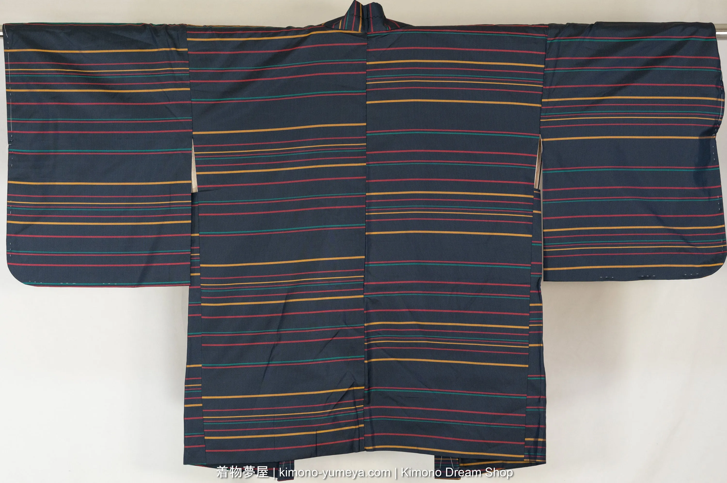 Retro 1960s Haori with Red, Yellow, & Teal Stripes on Dark Blue - Tsumugi Weaving - Vintage Silk Women's Kimono Jacket