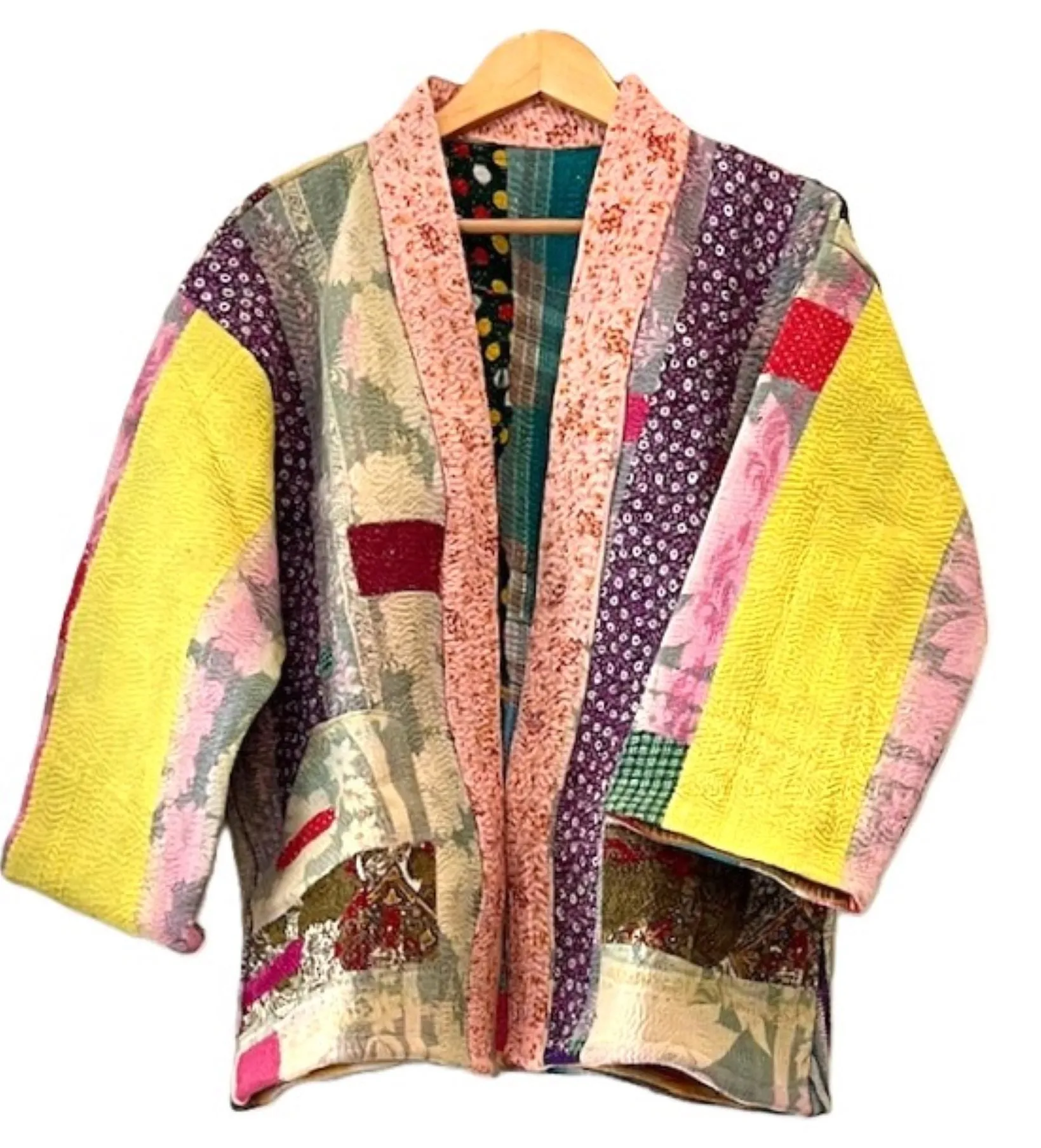 Specialty Collection: Short Designer Patchwork Hand Embroidered Jacket. Fully Reversible, Pastel