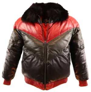 Tricolor Puffy Bomber Leather Jacket - The Long Voyage