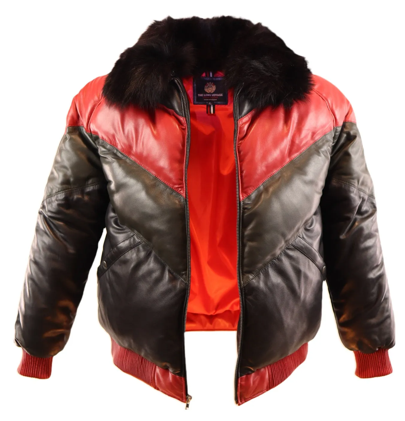 Tricolor Puffy Bomber Leather Jacket - The Long Voyage