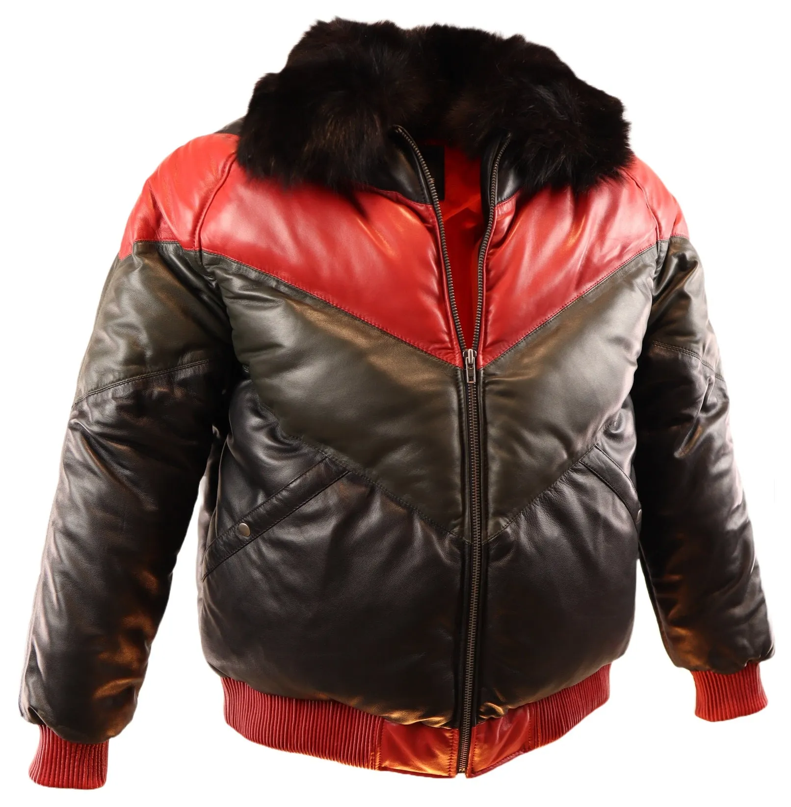 Tricolor Puffy Bomber Leather Jacket - The Long Voyage