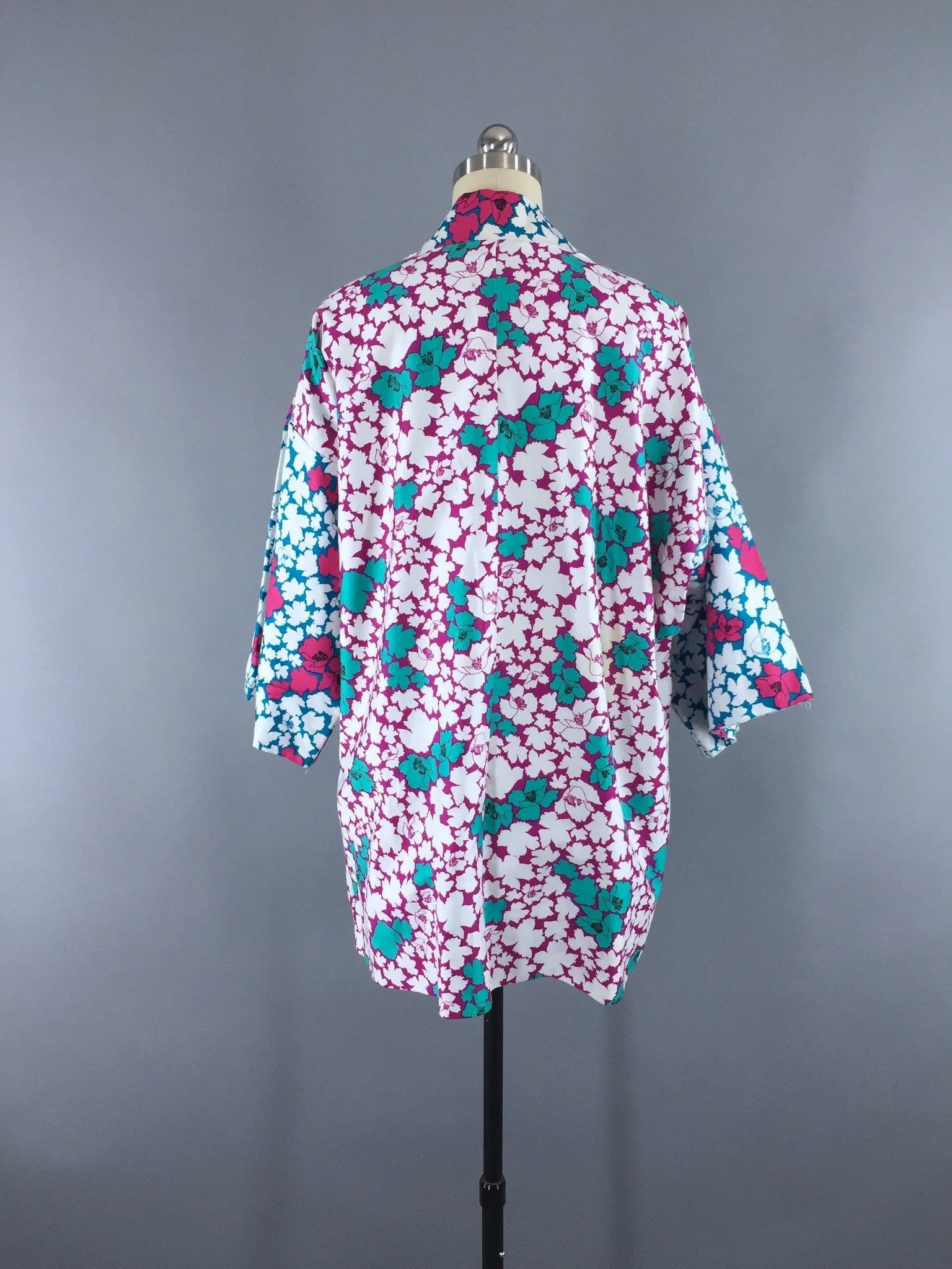 Vintage 1980s Happi Coat Kimono Cardigan / White Floral Cotton Sateen