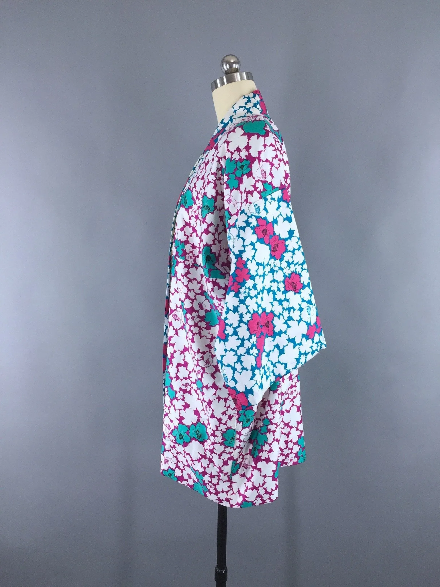 Vintage 1980s Happi Coat Kimono Cardigan / White Floral Cotton Sateen