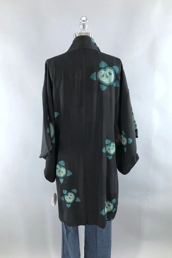 Vintage Black & Teal Shibori Silk Kimono Cardigan