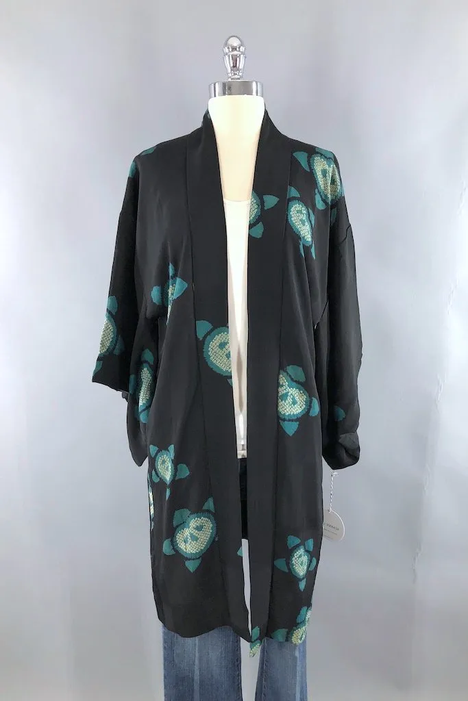 Vintage Black & Teal Shibori Silk Kimono Cardigan