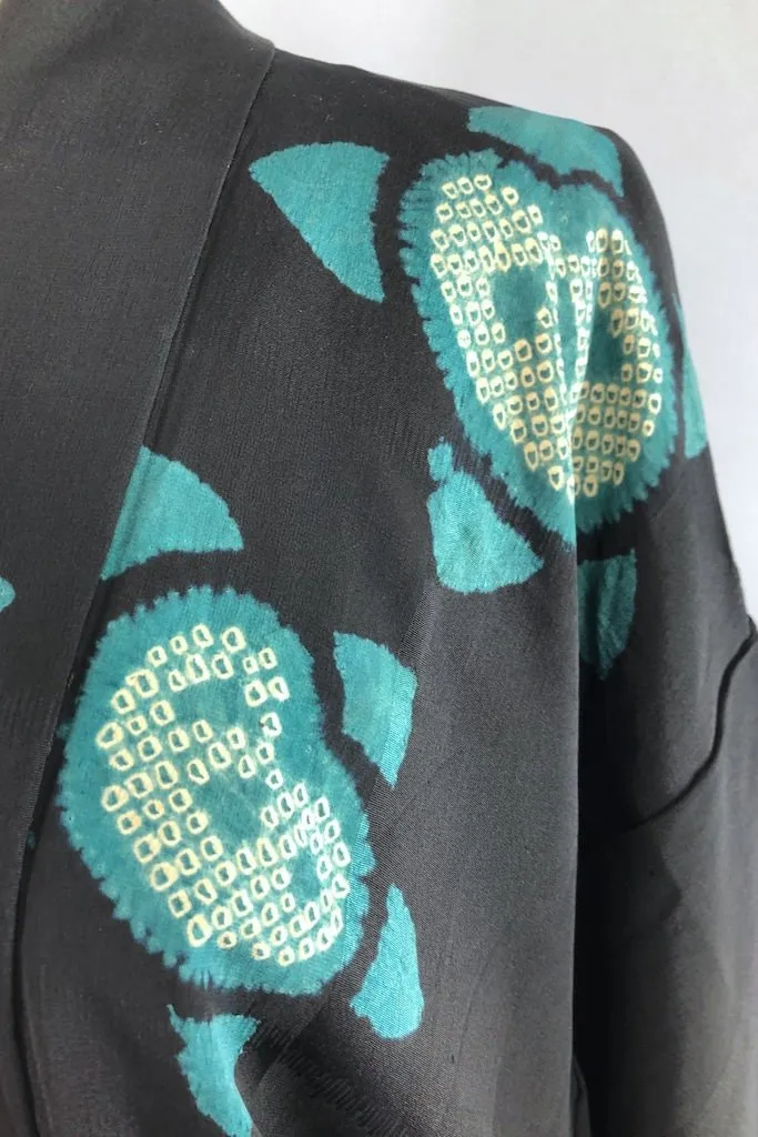 Vintage Black & Teal Shibori Silk Kimono Cardigan