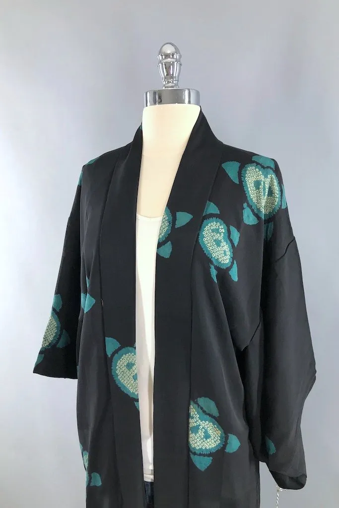 Vintage Black & Teal Shibori Silk Kimono Cardigan