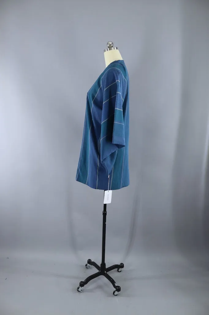 Vintage Silk Kimono Jacket - Teal Blue Green Stripes