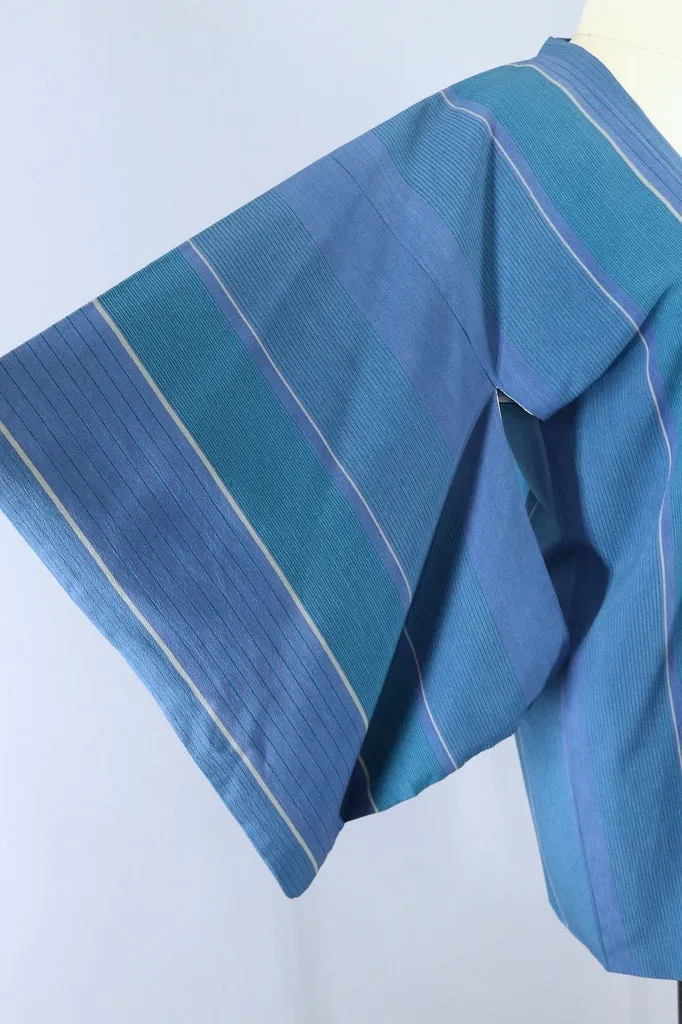 Vintage Silk Kimono Jacket - Teal Blue Green Stripes