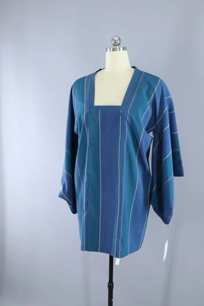 Vintage Silk Kimono Jacket - Teal Blue Green Stripes