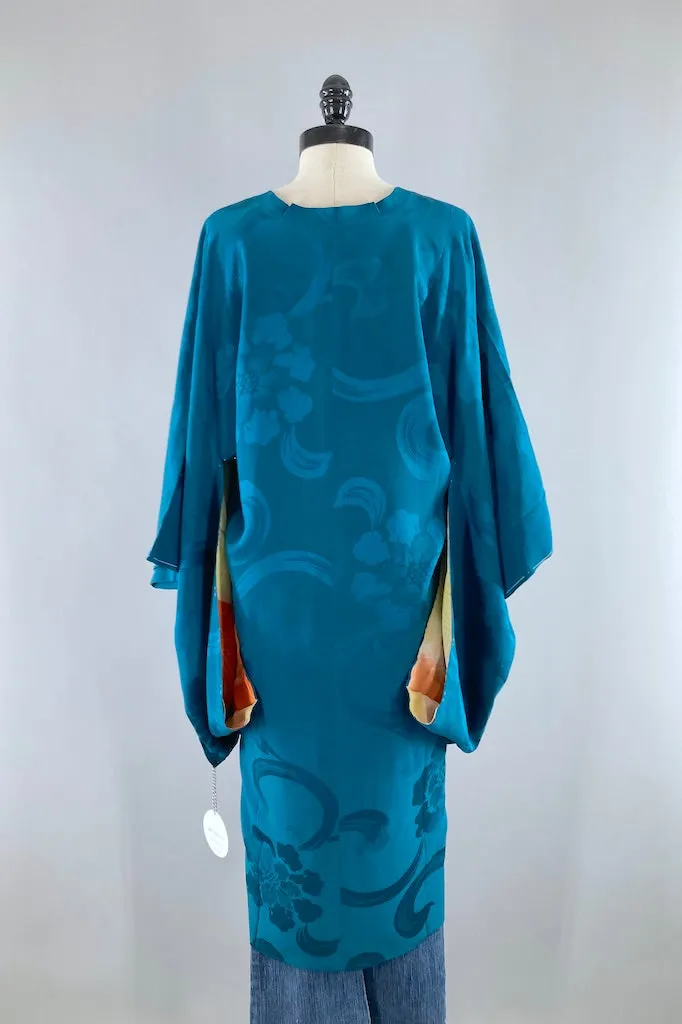 Vintage Teal Blue Silk Kimono Coat