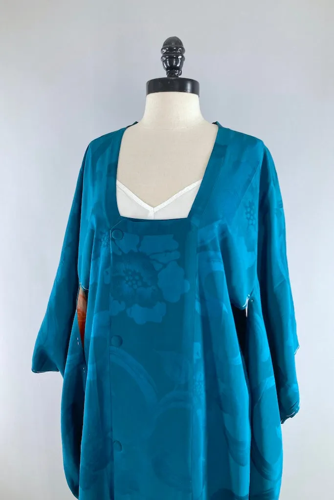 Vintage Teal Blue Silk Kimono Coat