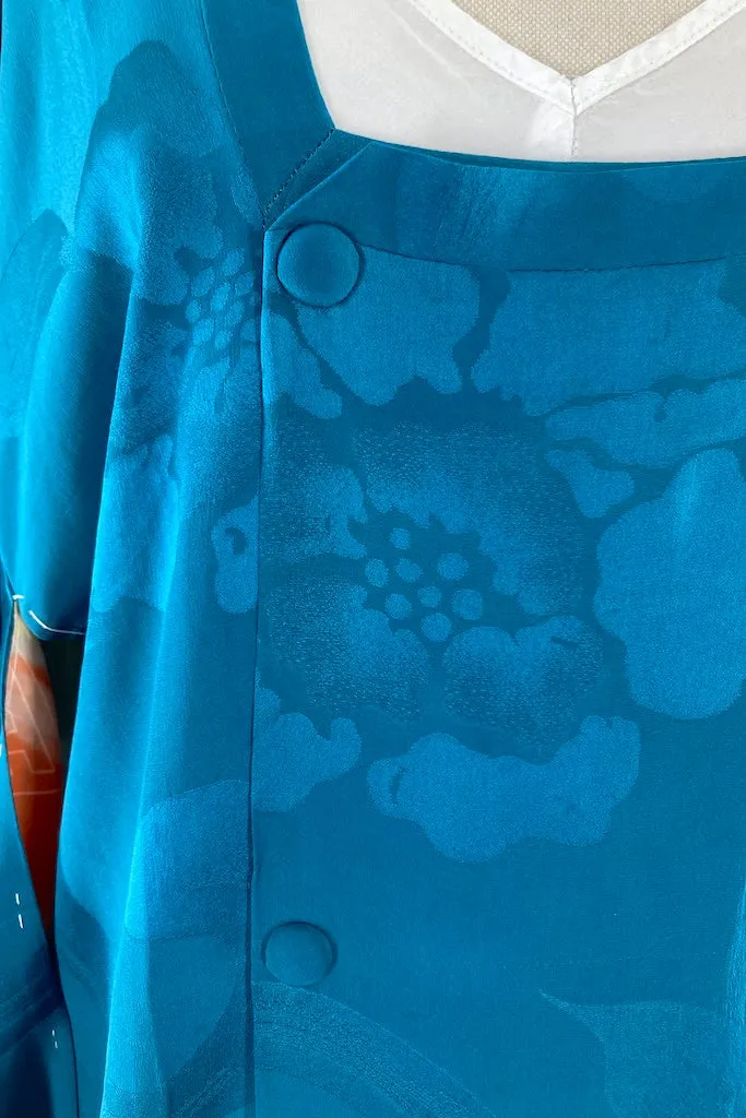 Vintage Teal Blue Silk Kimono Coat