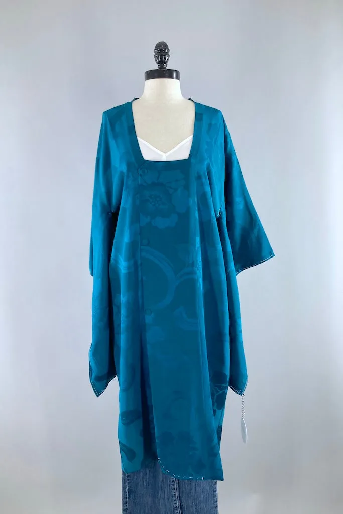 Vintage Teal Blue Silk Kimono Coat