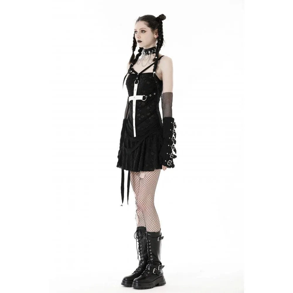 Women's Gothic Cross Strap Ripped Slip Dress