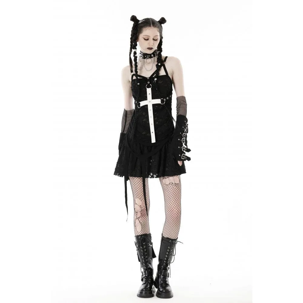 Women's Gothic Cross Strap Ripped Slip Dress