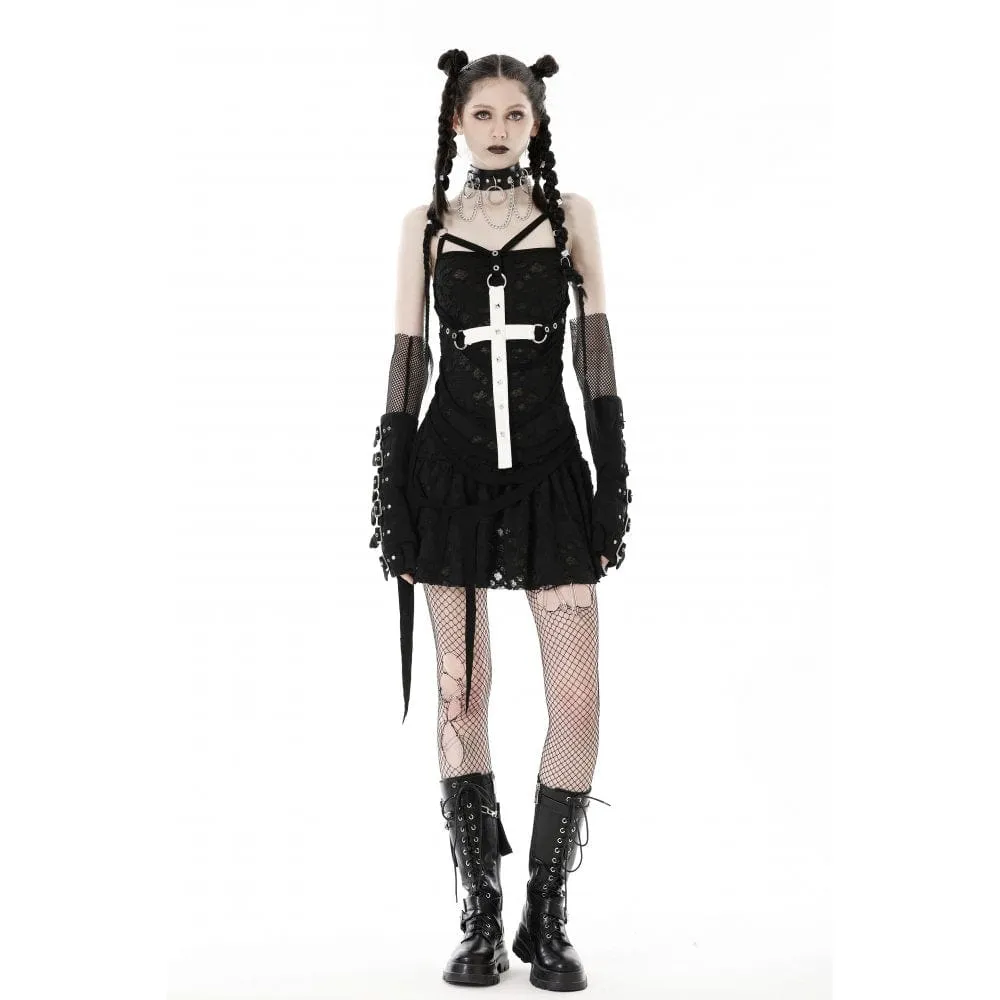 Women's Gothic Cross Strap Ripped Slip Dress