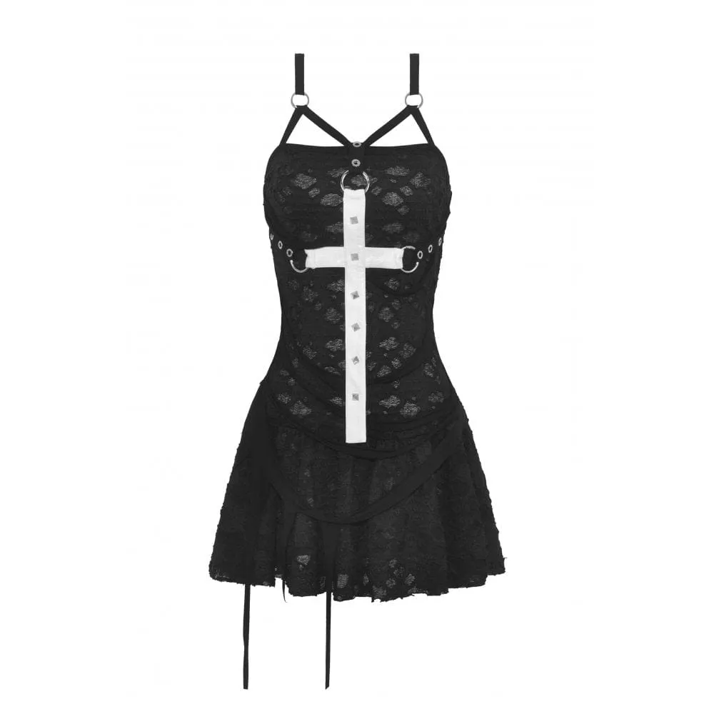 Women's Gothic Cross Strap Ripped Slip Dress