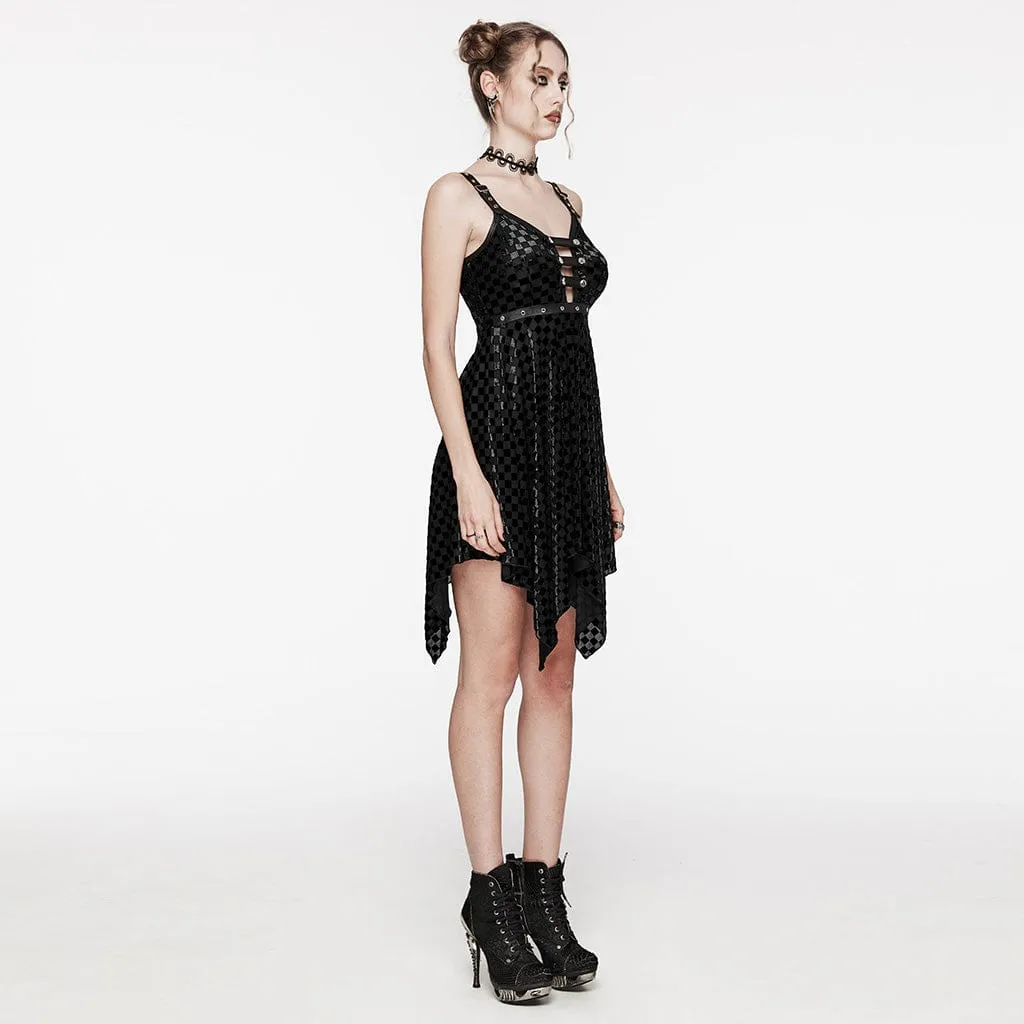 Women's Gothic Irregular Plunging Plaid Slip Wedding Dress Black