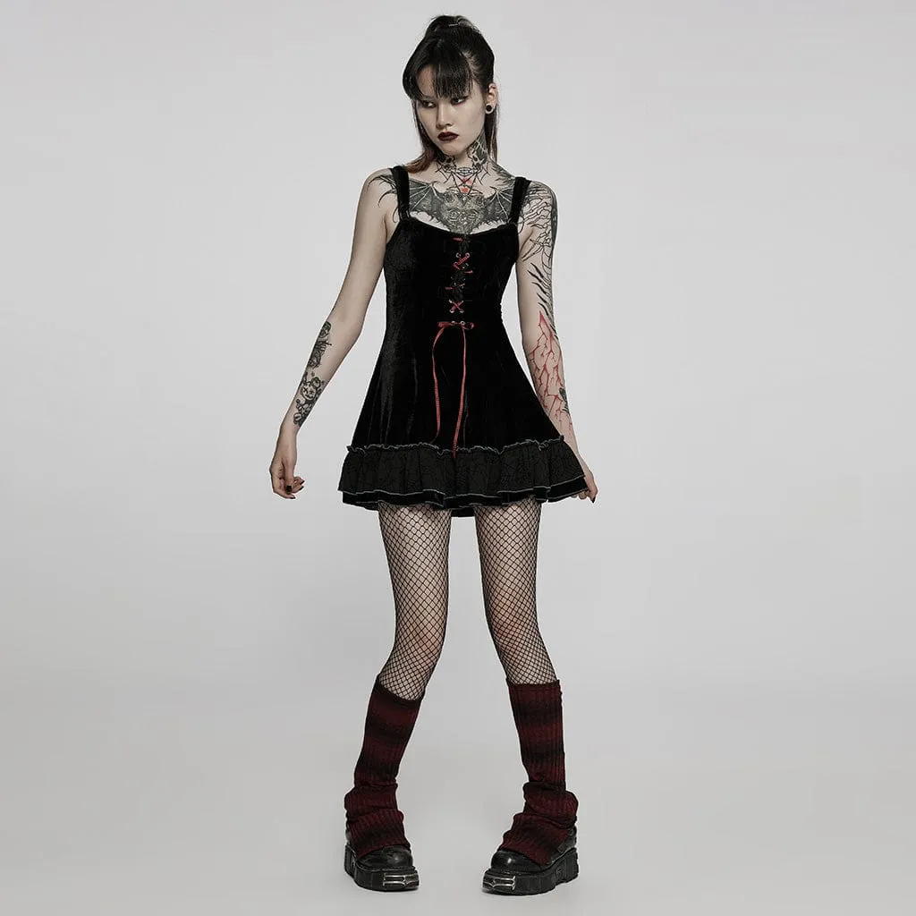 Women's Gothic Lacing-up Velet Slip Dress with Lace Cape