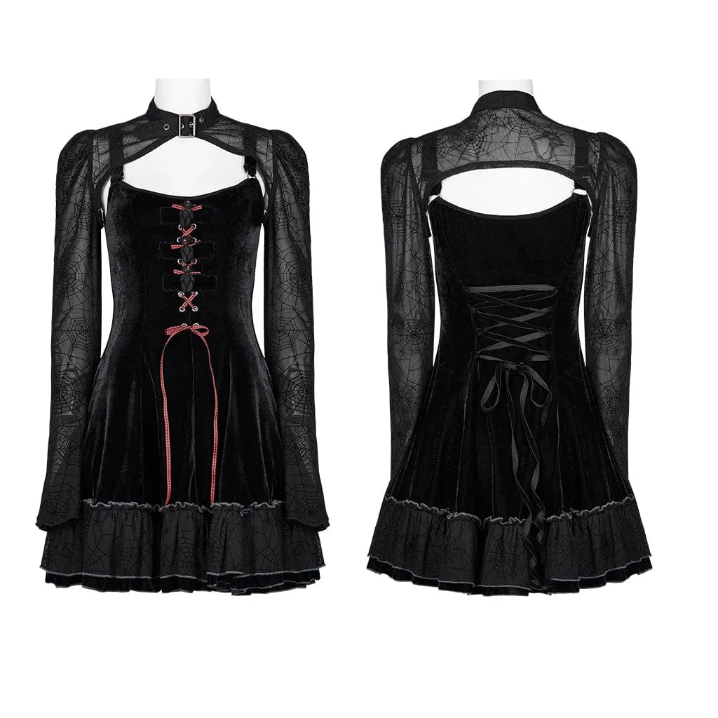 Women's Gothic Lacing-up Velet Slip Dress with Lace Cape