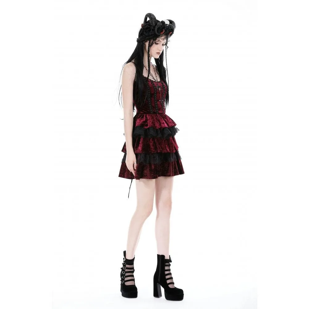 Women's Gothic Layered Lace Splice Velvet Slip Dress