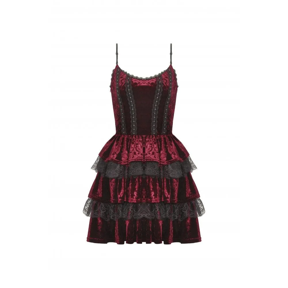 Women's Gothic Layered Lace Splice Velvet Slip Dress