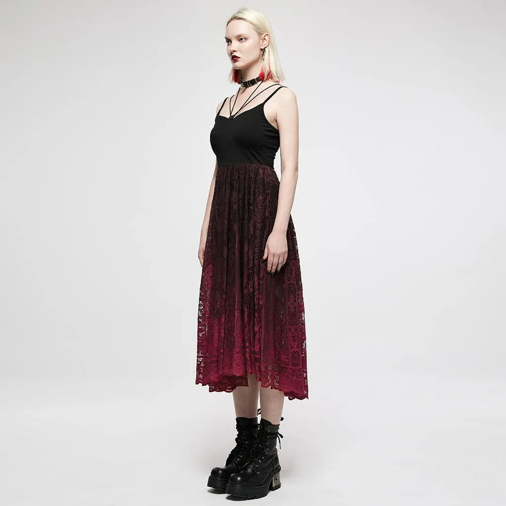 Women's Gothic Red Gradient Floral Lace Slip Dress