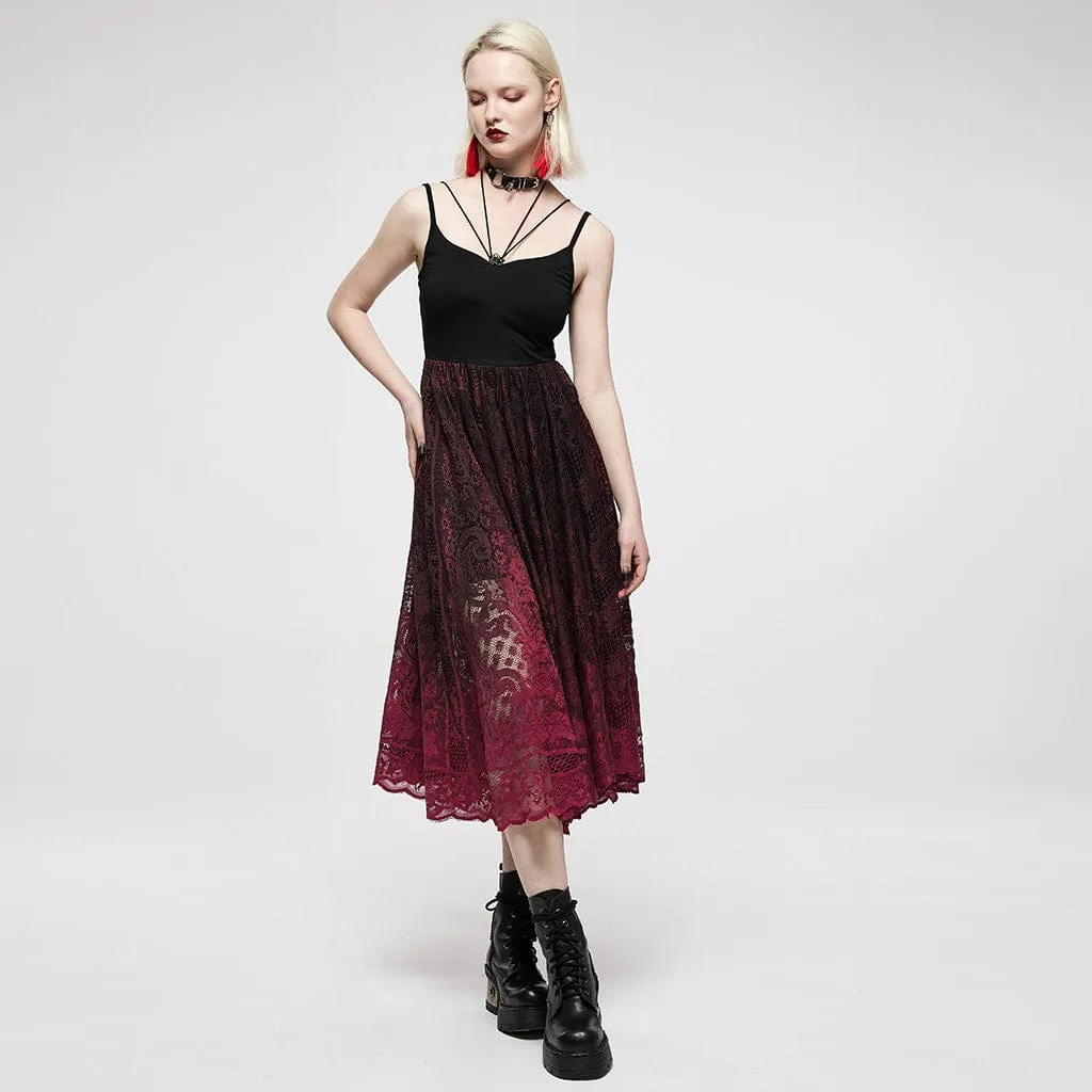 Women's Gothic Red Gradient Floral Lace Slip Dress