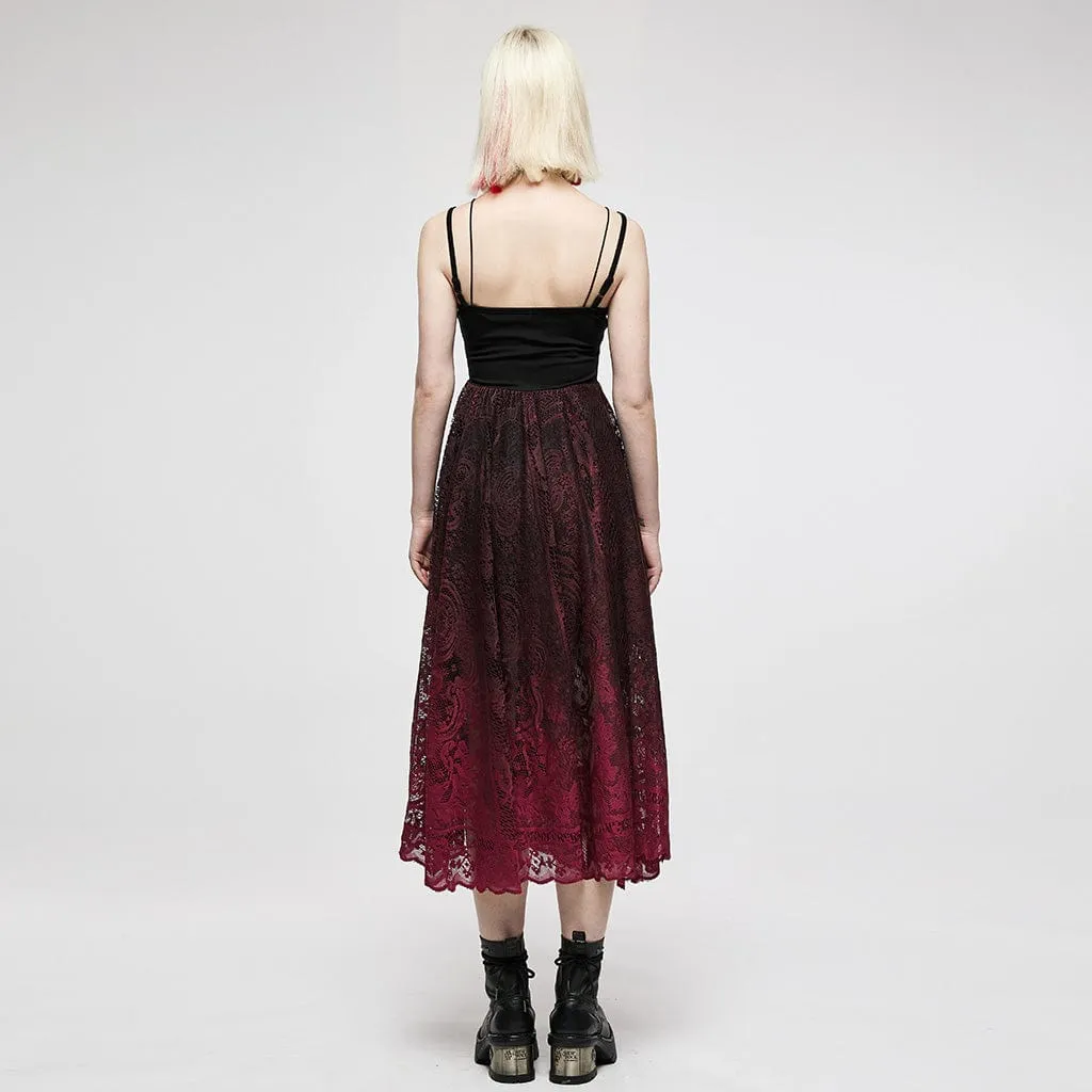 Women's Gothic Red Gradient Floral Lace Slip Dress