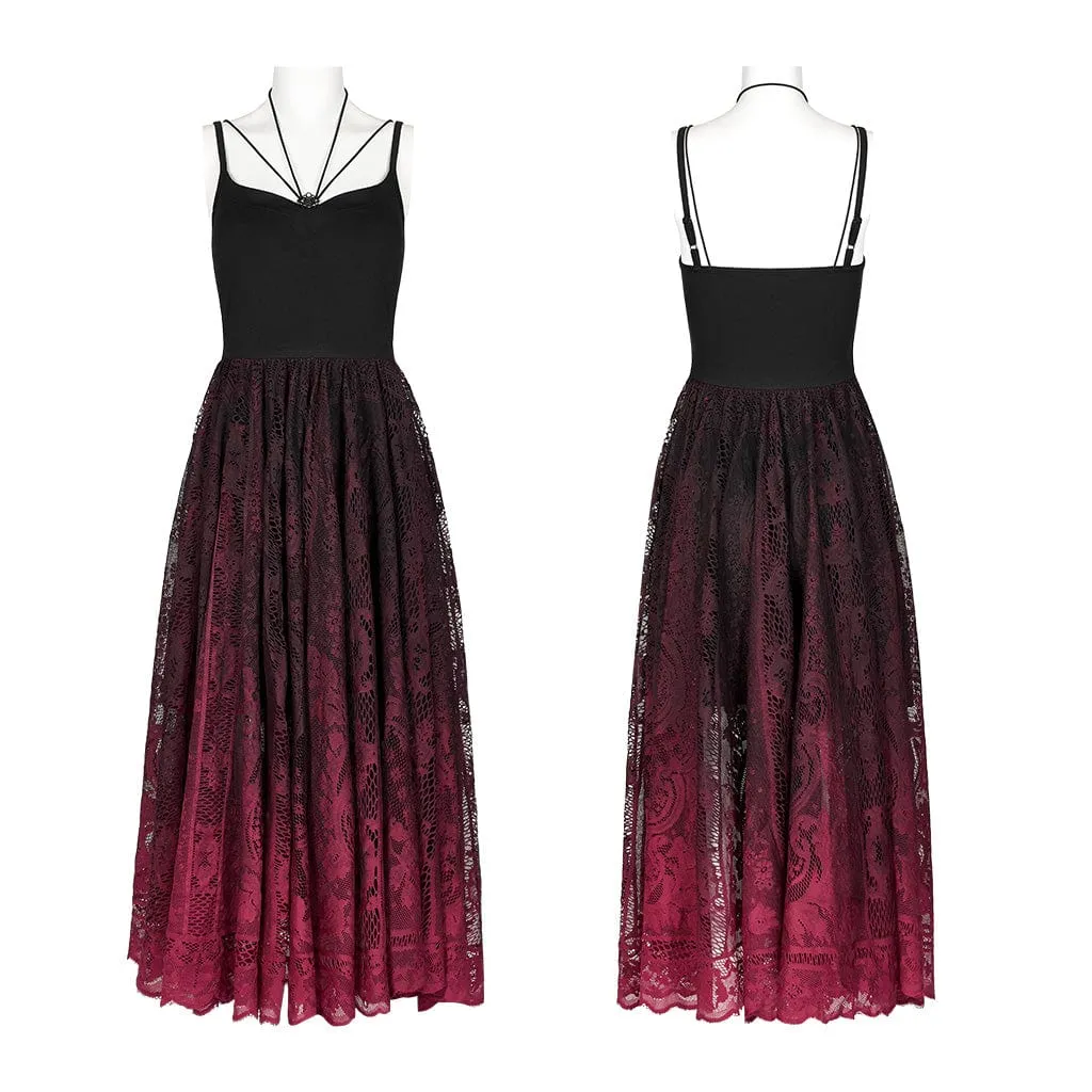 Women's Gothic Red Gradient Floral Lace Slip Dress