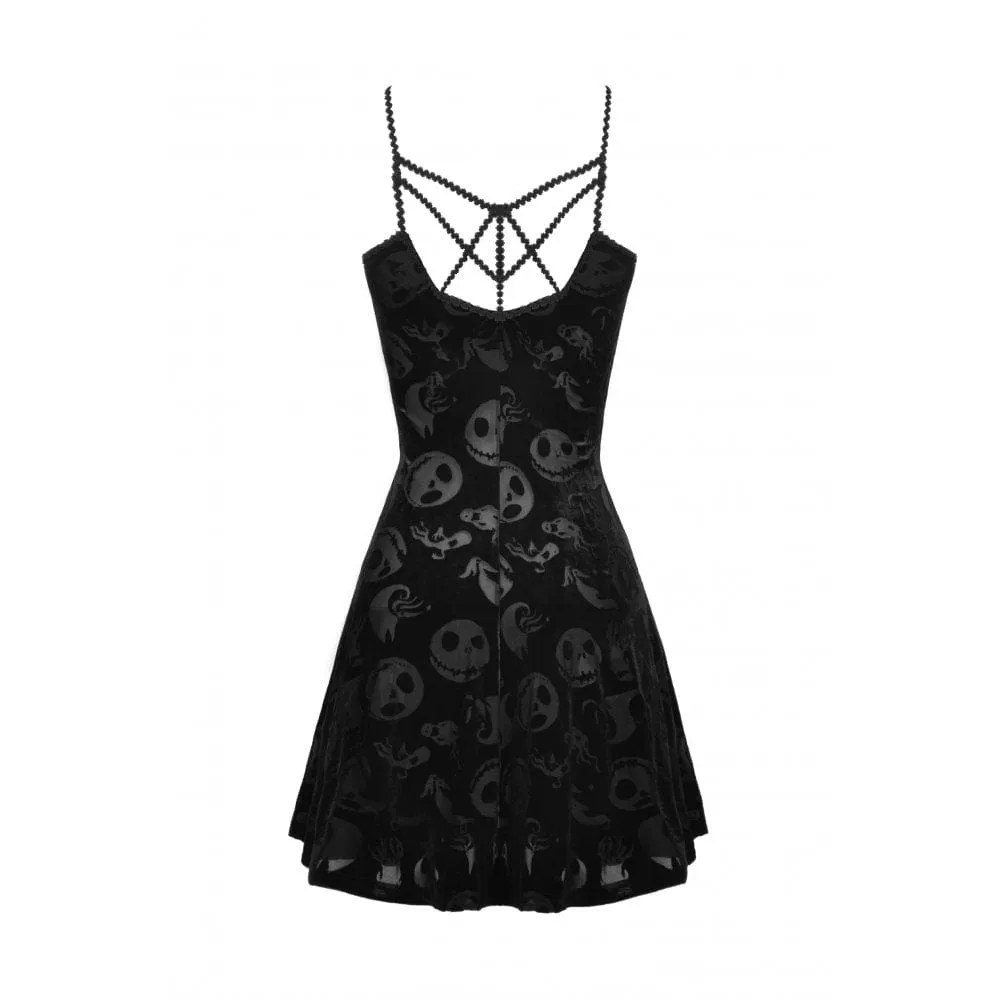 Women's Gothic Skull Printed Velvet Slip Dress