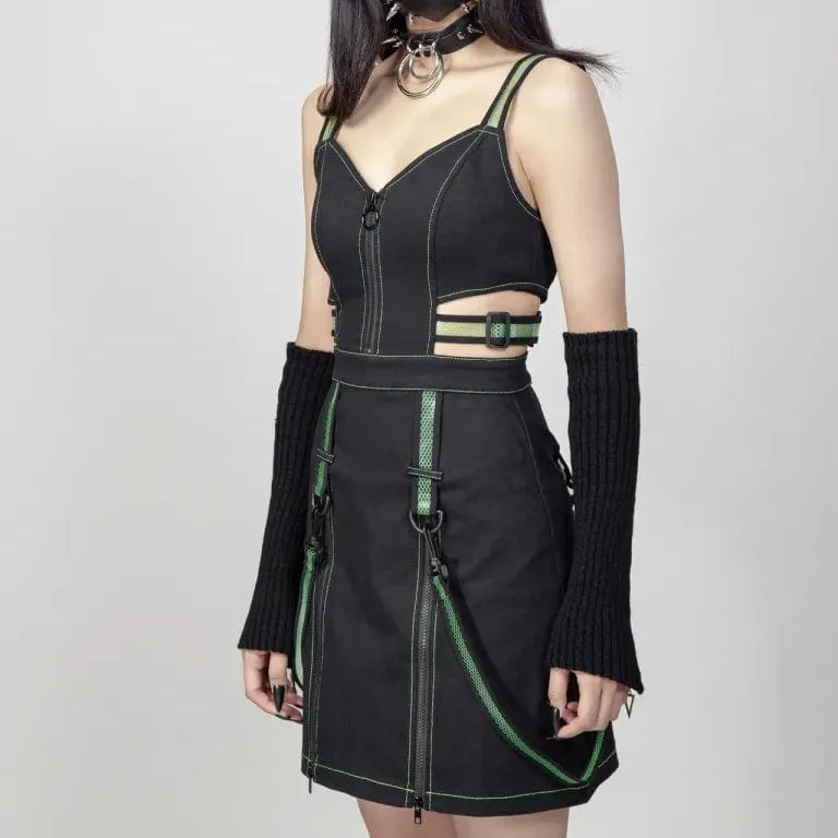 Women's Punk Cutout Straps Zipper Slip Dress Green